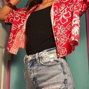 red floral shirt
